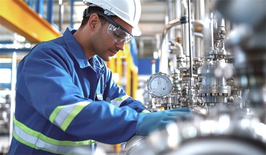Industrial technician inspecting production equipment